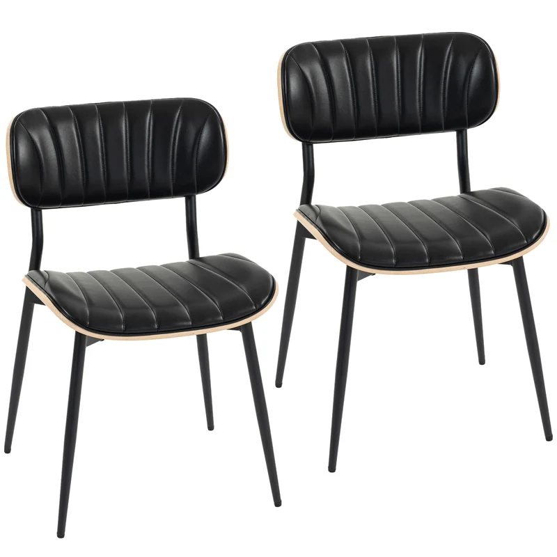 Conjunto de 2 Cadeiras de Sala de Jantar Cadeiras de Cozinha sem Braços Encosto Curvo e Assento Estofado em PU Preto