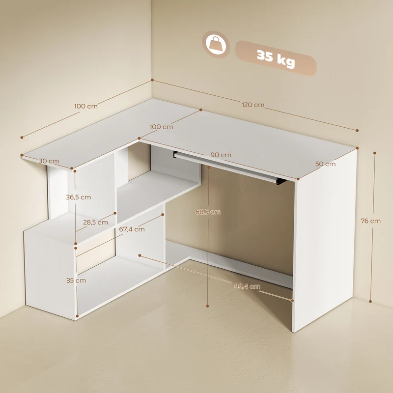 Secretária de Canto 120x100x76 cm Secretária em L para Computador com Bandeja para Teclado 4 Compartimentos Abertos Branco