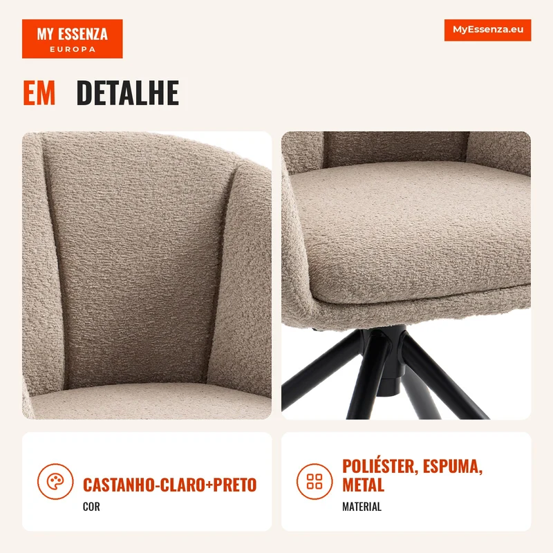Poltrona, Poltrona estofada com concha de assento confortável, giratória, revestimento acolhedor, até 120 kg, Castanho-claro