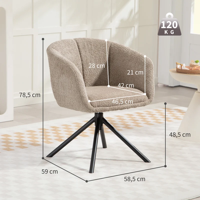 Poltrona, Poltrona estofada com concha de assento confortável, giratória, revestimento acolhedor, até 120 kg, Castanho-claro
