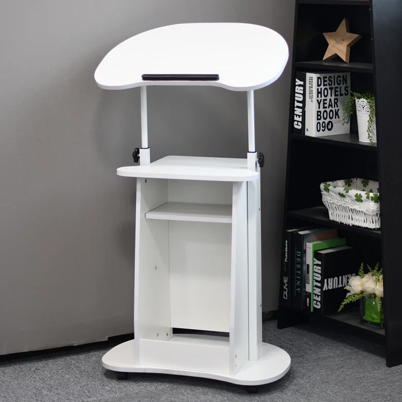 Modern Minimalist Curved MDF Height Adjustable Computer Desk Mobile Standing Desk 2-Tier Storage Shelves For Home Office