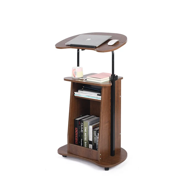 Modern Minimalist Curved MDF Height Adjustable Computer Desk Mobile Standing Desk 2-Tier Storage Shelves For Home Office