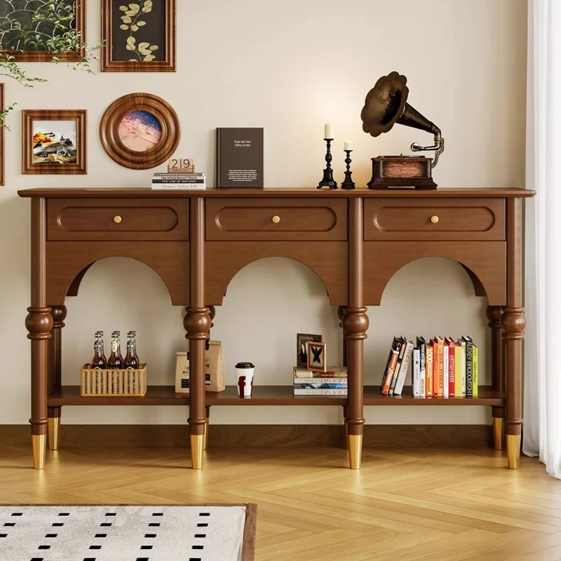 Traditional French Rubberwood Metal Plywood Arched Roman Column Console Table With 3 Drawers & 2-Tier Storage For Entryway