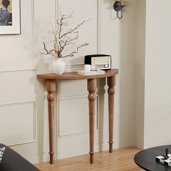 Traditional French Pine Wood Roman Column Half-Round Console Table With Symmetrical Design For Entryway
