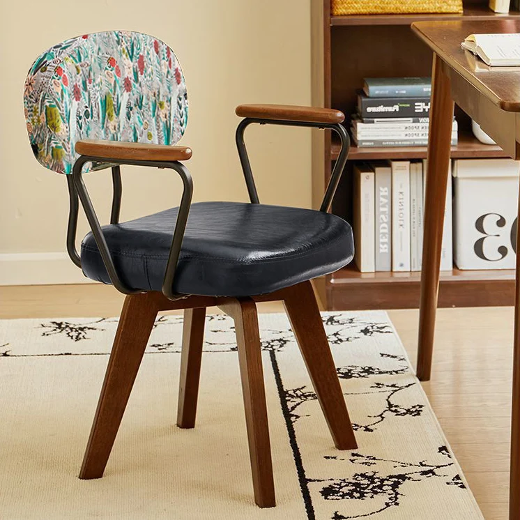 Traditional Vintage Oil Wax Leather Sponge Square Desk Chair Backrest Armrest Swivel For Home Office