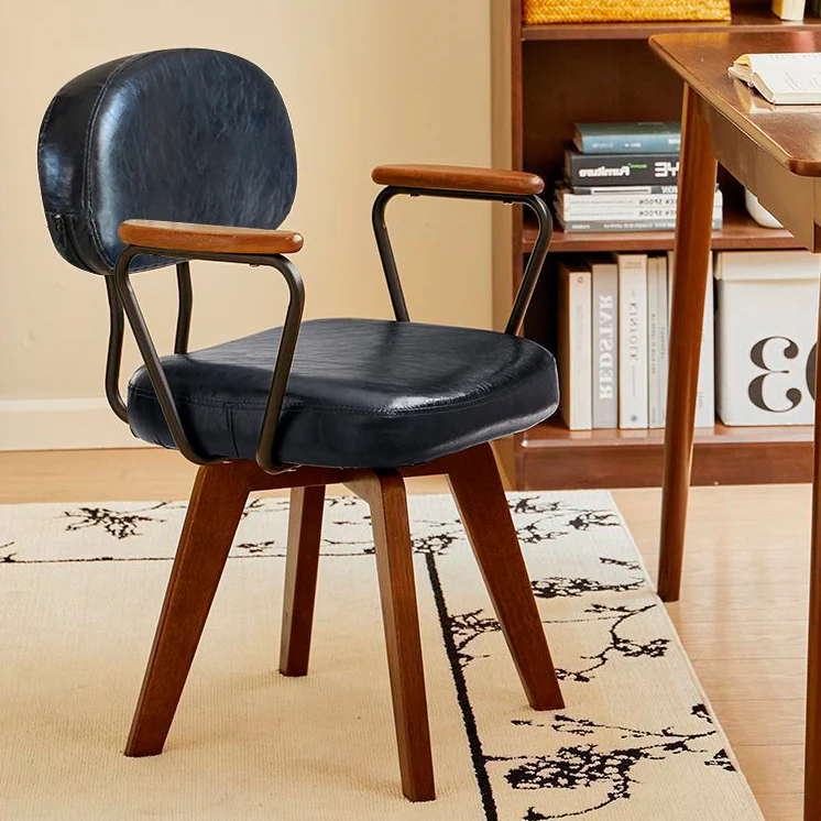 Traditional Vintage Oil Wax Leather Sponge Square Desk Chair Backrest Armrest Swivel For Home Office