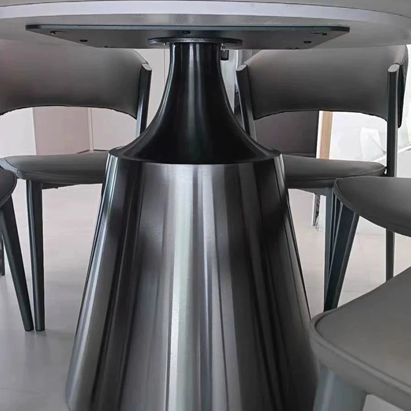 Contemporary Nordic Round Stainless Steel Stone Slab Solid Wood Plywood Dining Table & Chair Set With Turntable For 6/8/10 Seats