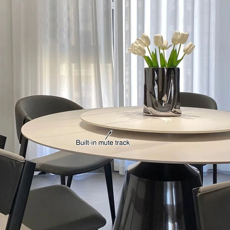 Contemporary Nordic Round Stainless Steel Stone Slab Solid Wood Plywood Dining Table & Chair Set With Turntable For 6/8/10 Seats