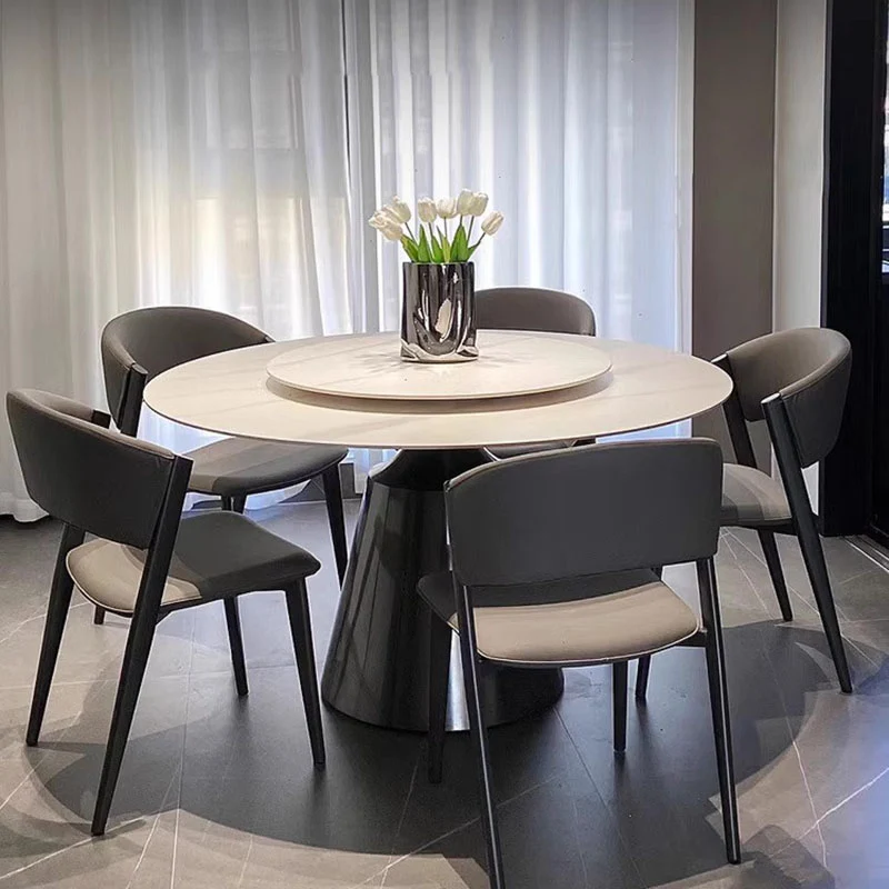 Contemporary Nordic Round Stainless Steel Stone Slab Solid Wood Plywood Dining Table & Chair Set With Turntable For 6/8/10 Seats