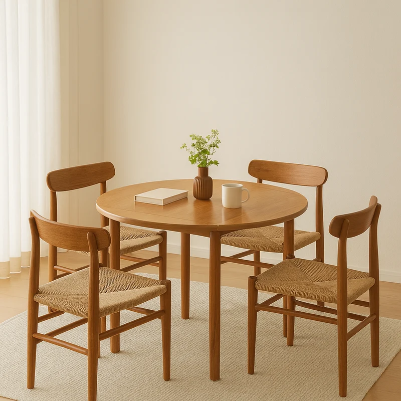Modern Minimalist Round Square Solid Wood Foldable Dining Table & Chair Set For 4 Seats