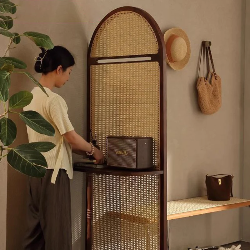 Traditional Vintage Arched Solid Wood Rattan Weaving Display Rack 2-Tier For Living Room