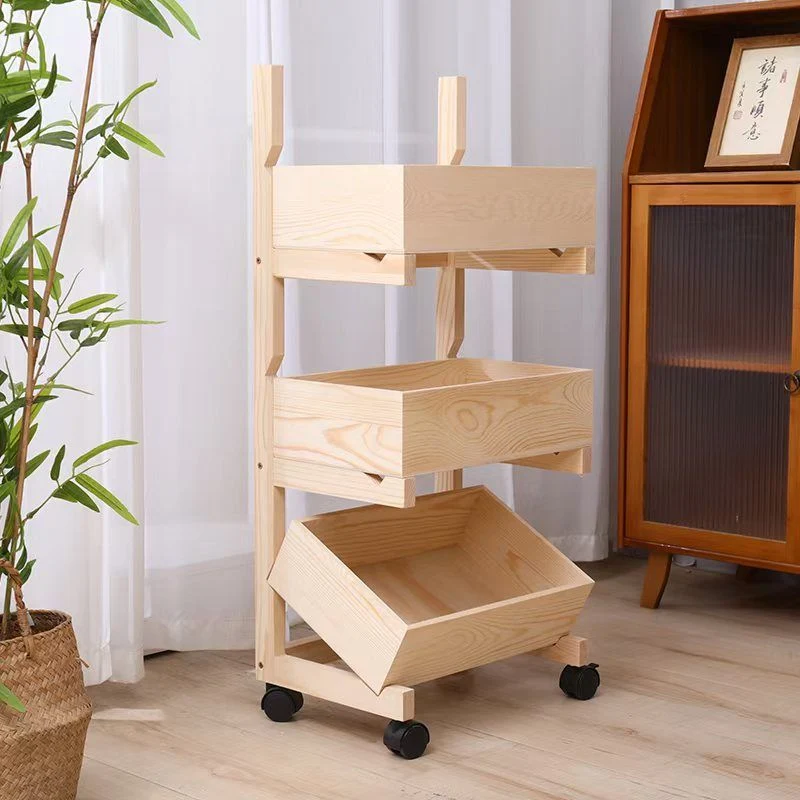 Traditional Farmhouse Pine Wood Floor-Standing 3/4-Tier Storage Shelves Snack Display Rack With Wheels For Living Room