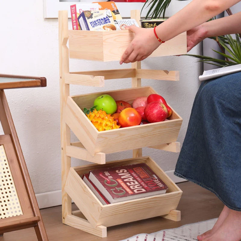 Traditional Farmhouse Pine Wood Floor-Standing 3/4-Tier Storage Shelves Snack Display Rack With Wheels For Living Room