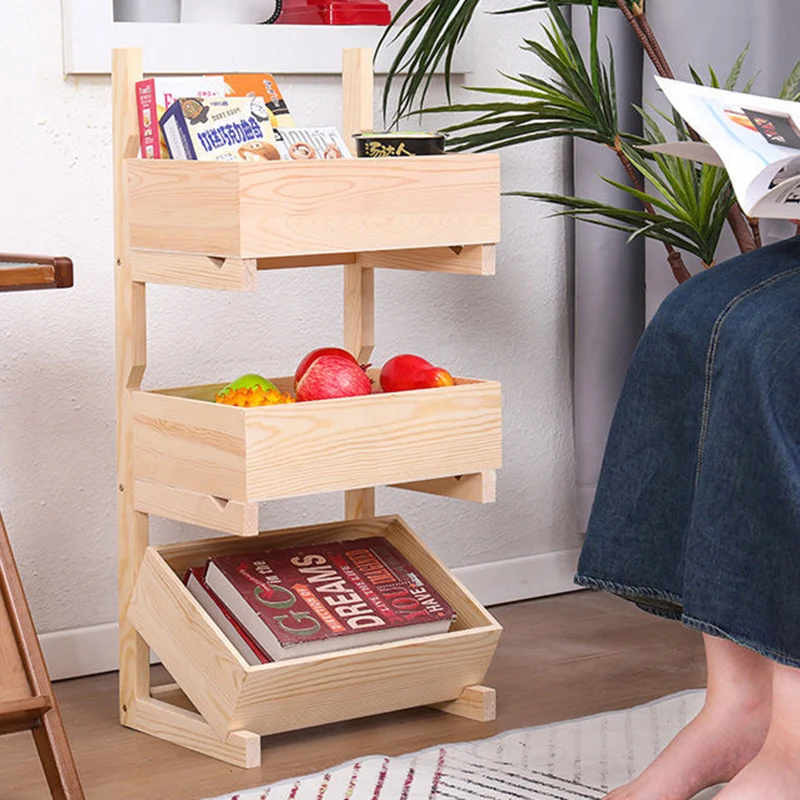 Traditional Farmhouse Pine Wood Floor-Standing 3/4-Tier Storage Shelves Snack Display Rack With Wheels For Living Room