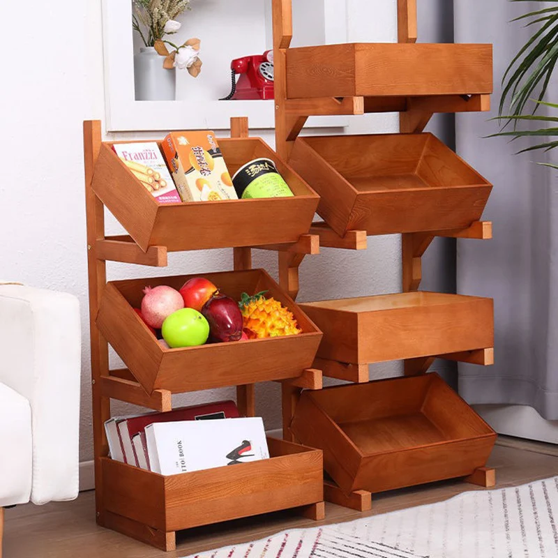Traditional Farmhouse Pine Wood Floor-Standing 3/4-Tier Storage Shelves Snack Display Rack With Wheels For Living Room