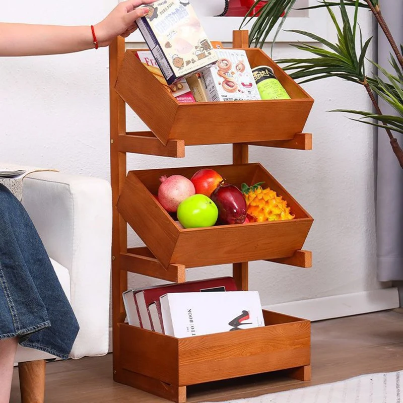 Traditional Farmhouse Pine Wood Floor-Standing 3/4-Tier Storage Shelves Snack Display Rack With Wheels For Living Room
