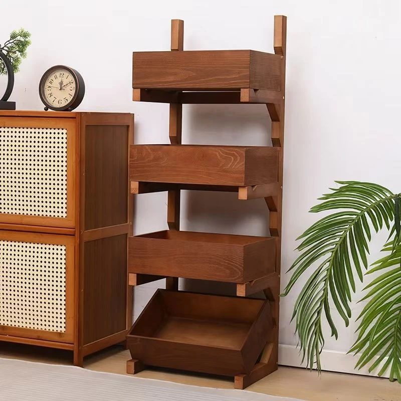 Traditional Farmhouse Pine Wood Floor-Standing 3/4-Tier Storage Shelves Snack Display Rack With Wheels For Living Room