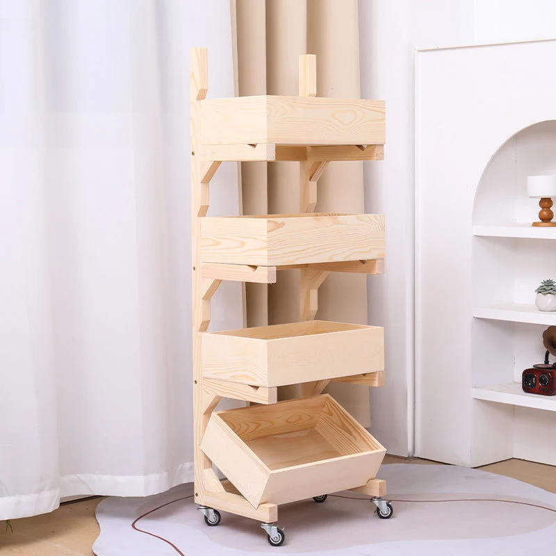 Traditional Farmhouse Pine Wood Floor-Standing 3/4-Tier Storage Shelves Snack Display Rack With Wheels For Living Room