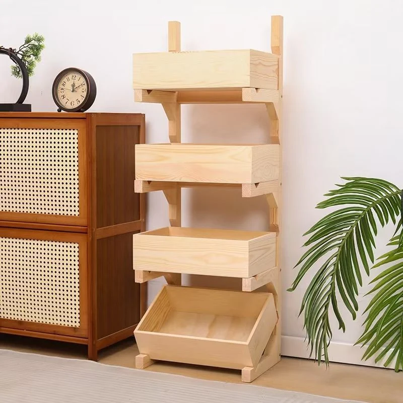 Traditional Farmhouse Pine Wood Floor-Standing 3/4-Tier Storage Shelves Snack Display Rack With Wheels For Living Room