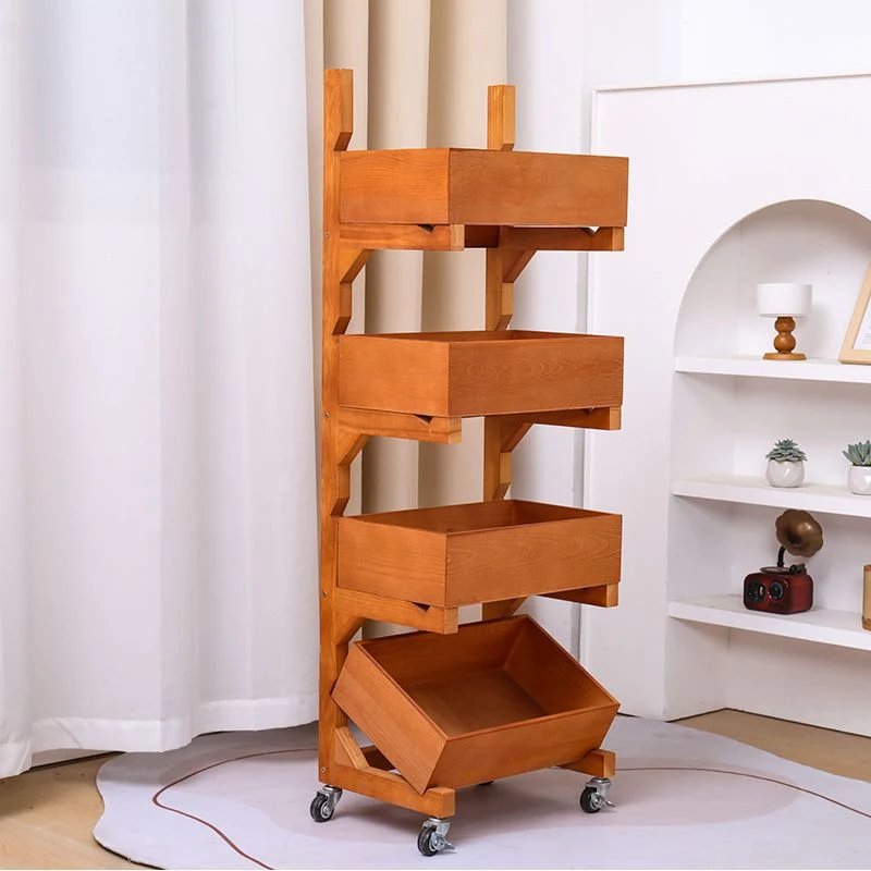 Traditional Farmhouse Pine Wood Floor-Standing 3/4-Tier Storage Shelves Snack Display Rack With Wheels For Living Room
