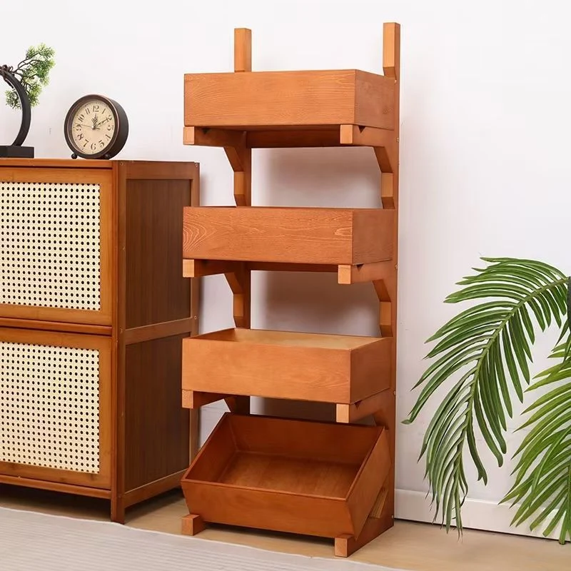 Traditional Farmhouse Pine Wood Floor-Standing 3/4-Tier Storage Shelves Snack Display Rack With Wheels For Living Room