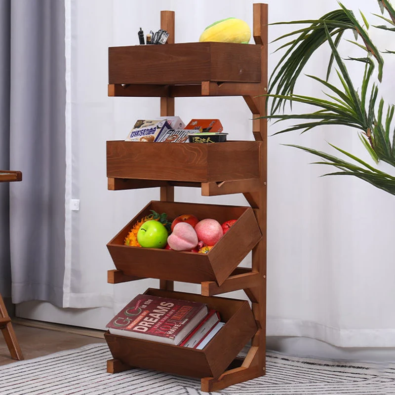 Traditional Farmhouse Pine Wood Floor-Standing 3/4-Tier Storage Shelves Snack Display Rack With Wheels For Living Room
