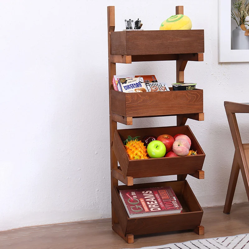 Traditional Farmhouse Pine Wood Floor-Standing 3/4-Tier Storage Shelves Snack Display Rack With Wheels For Living Room