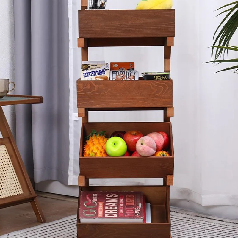 Traditional Farmhouse Pine Wood Floor-Standing 3/4-Tier Storage Shelves Snack Display Rack With Wheels For Living Room