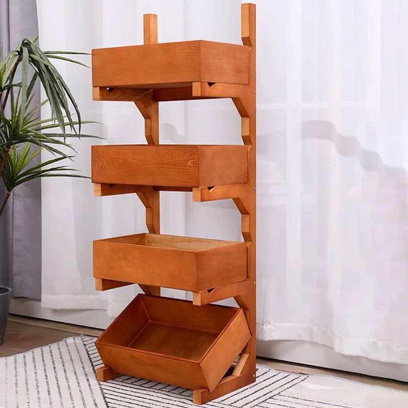 Traditional Farmhouse Pine Wood Floor-Standing 3/4-Tier Storage Shelves Snack Display Rack With Wheels For Living Room
