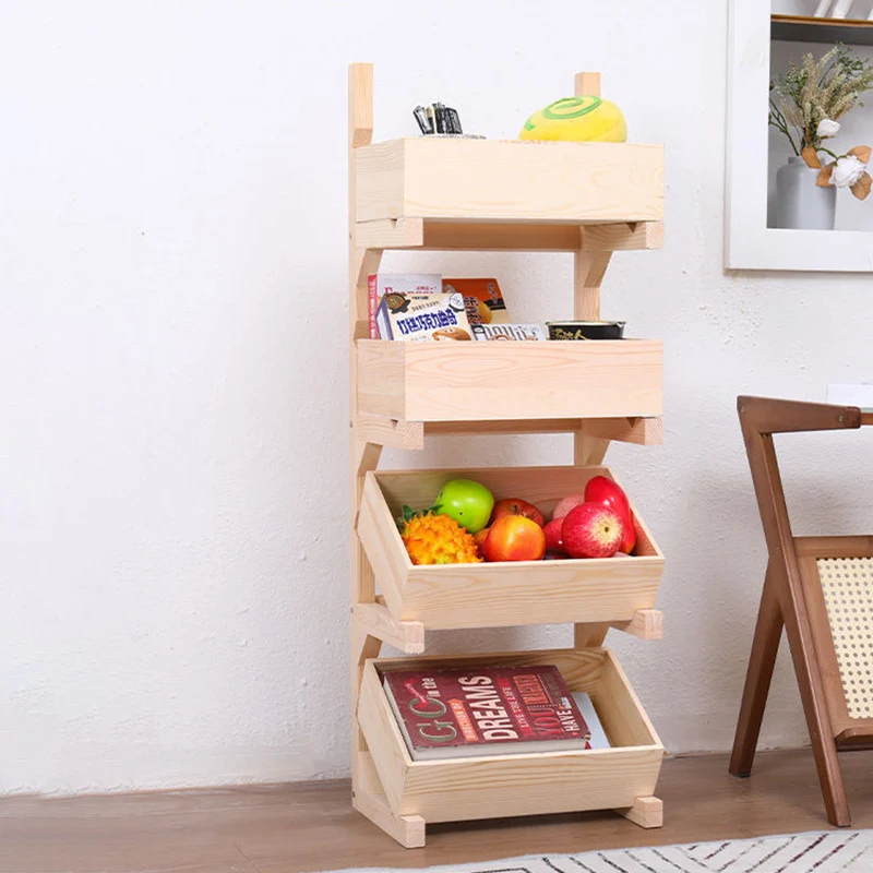 Traditional Farmhouse Pine Wood Floor-Standing 3/4-Tier Storage Shelves Snack Display Rack With Wheels For Living Room