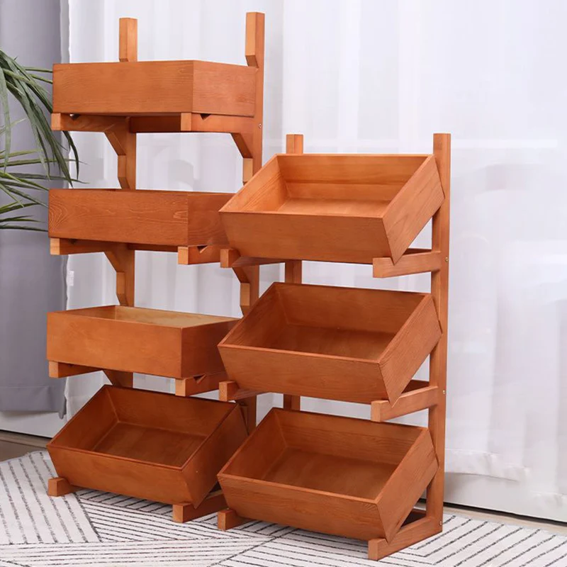 Traditional Farmhouse Pine Wood Floor-Standing 3/4-Tier Storage Shelves Snack Display Rack With Wheels For Living Room