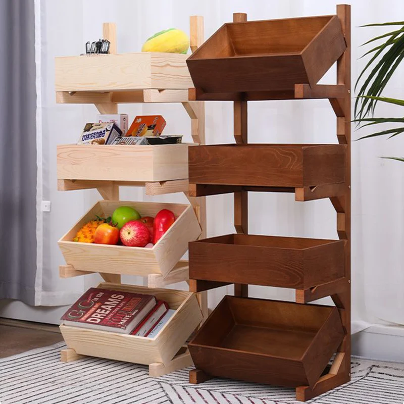 Traditional Farmhouse Pine Wood Floor-Standing 3/4-Tier Storage Shelves Snack Display Rack With Wheels For Living Room