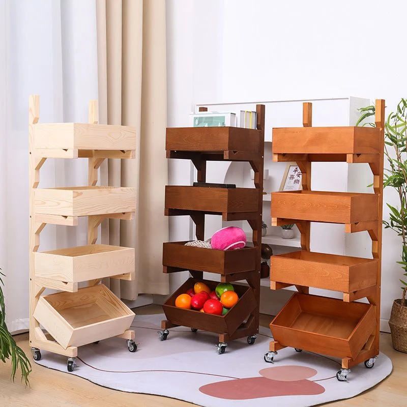 Traditional Farmhouse Pine Wood Floor-Standing 3/4-Tier Storage Shelves Snack Display Rack With Wheels For Living Room