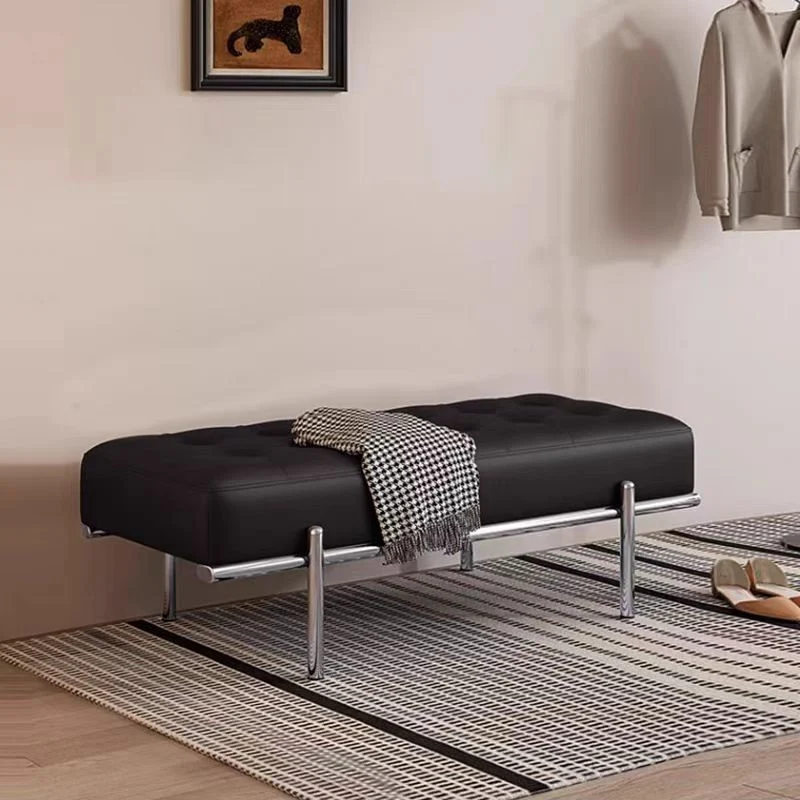Modern Minimalist Faux Leather Stainless Steel Rectangular Bench For Entryway, Bedroom, And Living Room