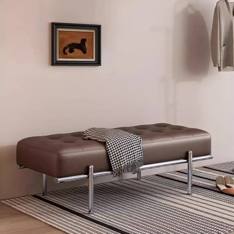 Modern Minimalist Faux Leather Stainless Steel Rectangular Bench For Entryway, Bedroom, And Living Room