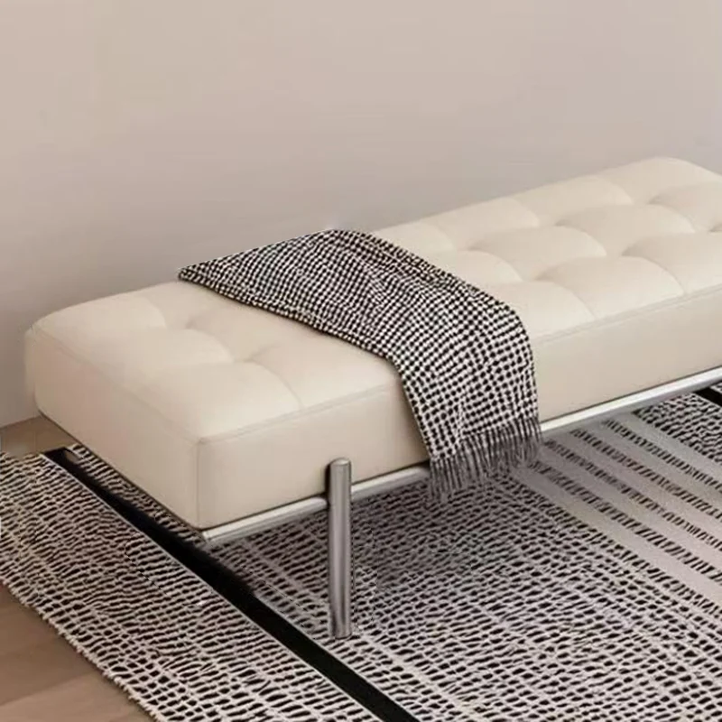 Modern Minimalist Faux Leather Stainless Steel Rectangular Bench For Entryway, Bedroom, And Living Room