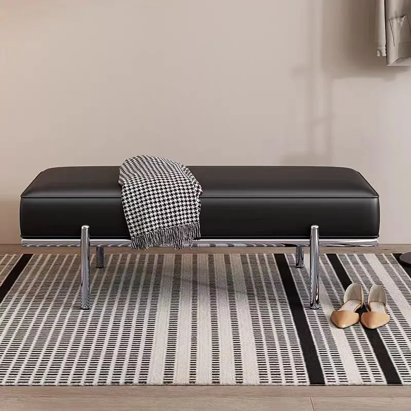 Modern Minimalist Faux Leather Stainless Steel Rectangular Bench For Entryway, Bedroom, And Living Room