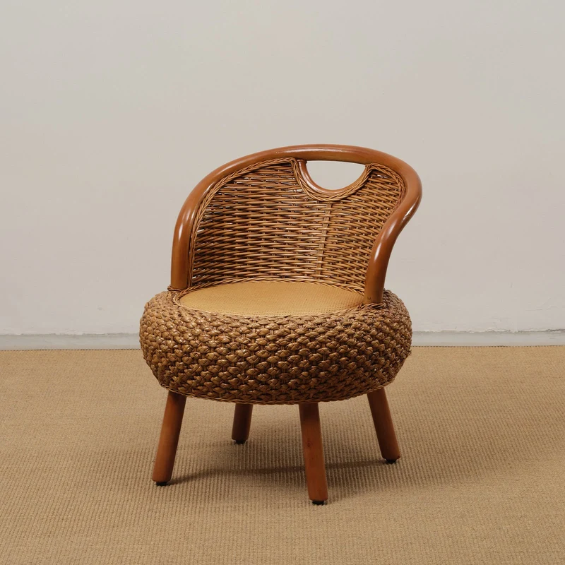 Modern Minimalist Rattan Oak Wood Round Chair Backrest Armless For Living Room