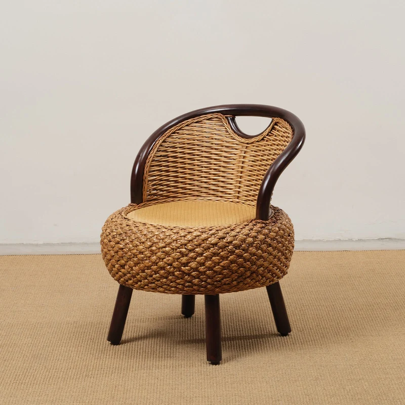 Modern Minimalist Rattan Oak Wood Round Chair Backrest Armless For Living Room