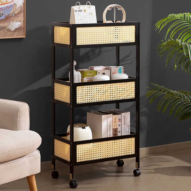 Modern Minimalist Bamboo Synthetic Rattan Rectangular Mobile Storage Shelf With 3-Shelves Design For Living Room