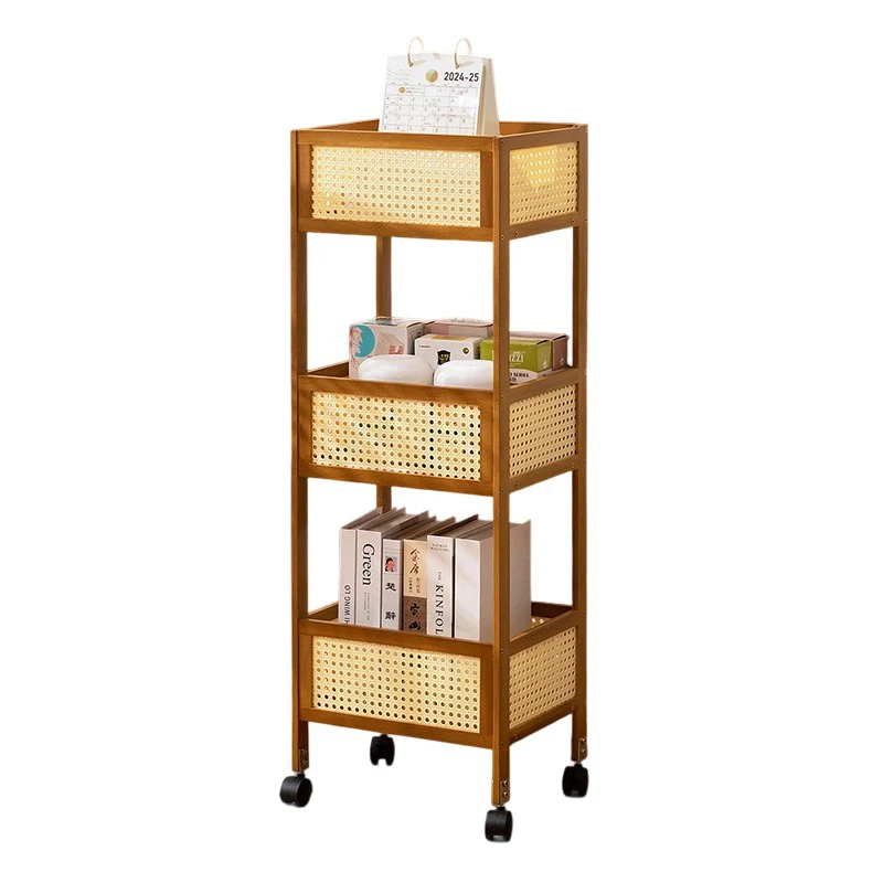 Modern Minimalist Bamboo Synthetic Rattan Rectangular Mobile Storage Shelf With 3-Shelves Design For Living Room