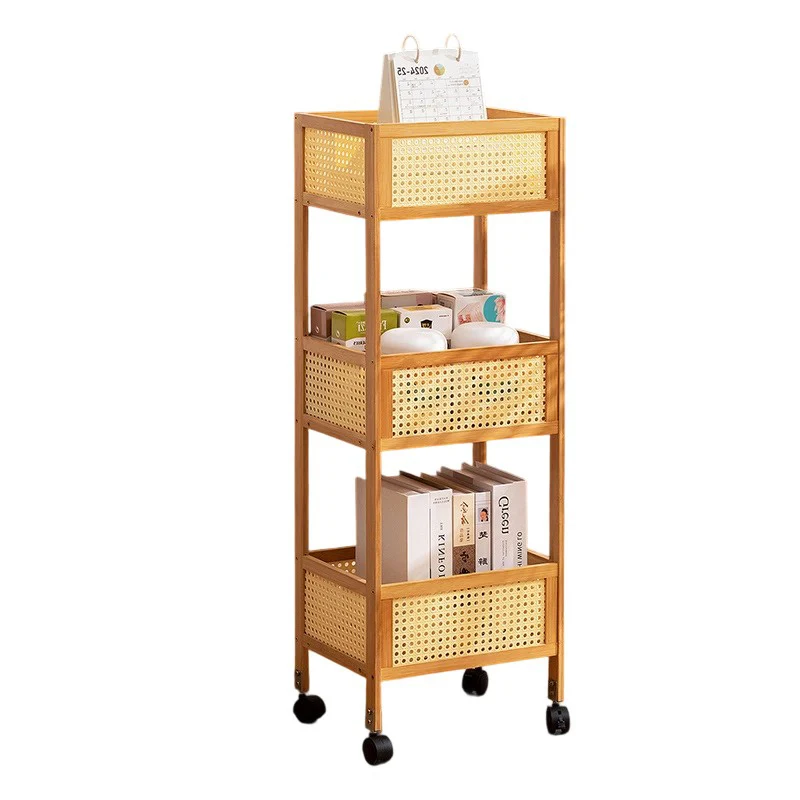 Modern Minimalist Bamboo Synthetic Rattan Rectangular Mobile Storage Shelf With 3-Shelves Design For Living Room