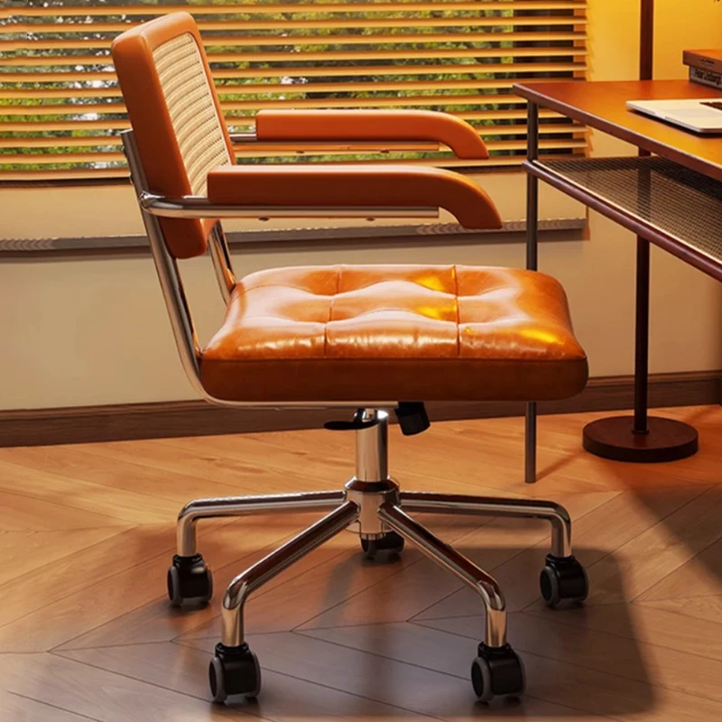 Modern Minimalist Rectangular Rattan Solid Wood Steel Oil-Waxed Leather Desk Chair Backrest Armrest For Home Office