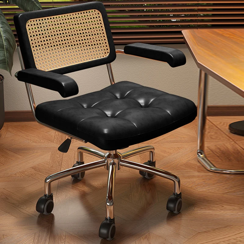 Modern Minimalist Rectangular Rattan Solid Wood Steel Oil-Waxed Leather Desk Chair Backrest Armrest For Home Office