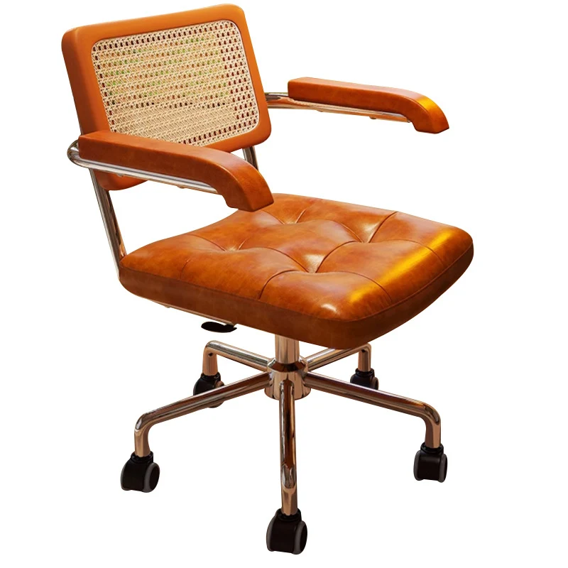 Modern Minimalist Rectangular Rattan Solid Wood Steel Oil-Waxed Leather Desk Chair Backrest Armrest For Home Office