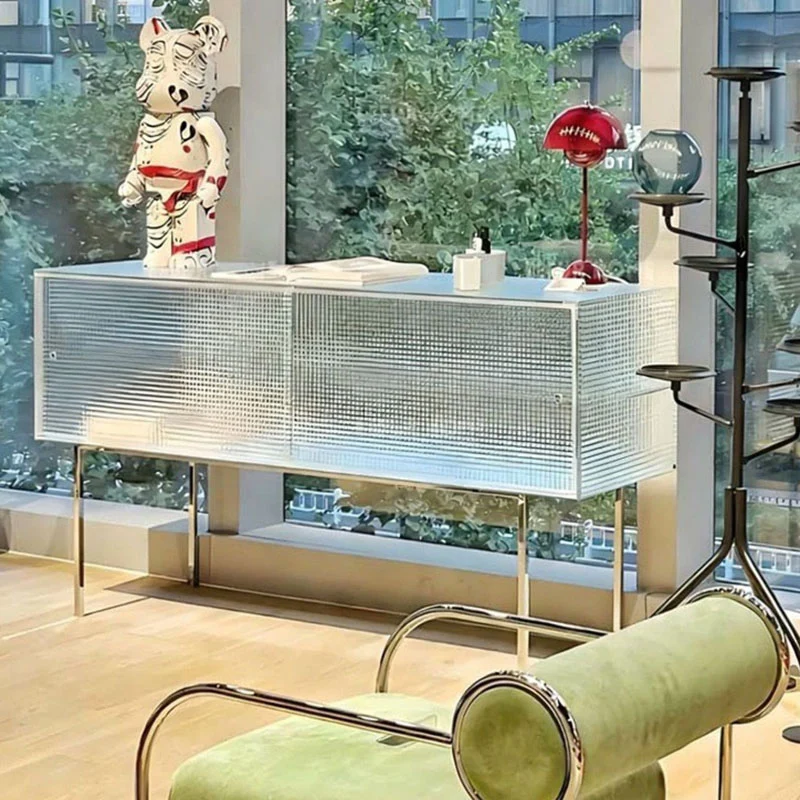 Modern Luxury Square Tempered Glass Stainless Steel Legs Storage Sideboard 1-Cabinet For Dining Room