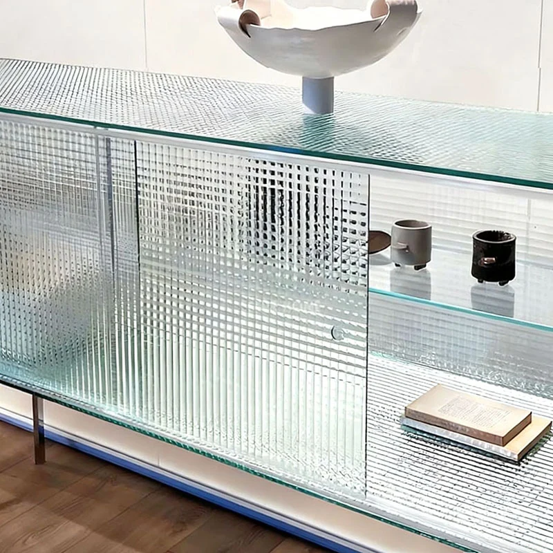 Modern Luxury Square Tempered Glass Stainless Steel Legs Storage Sideboard 1-Cabinet For Dining Room