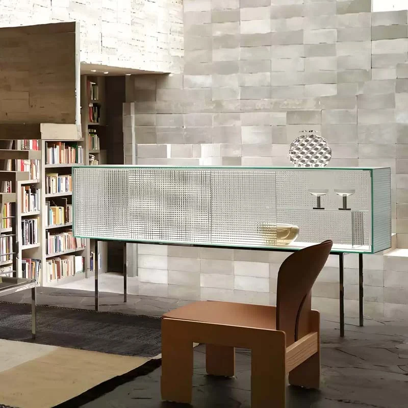 Modern Luxury Square Tempered Glass Stainless Steel Legs Storage Sideboard 1-Cabinet For Dining Room