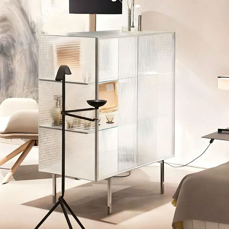 Modern Luxury Square Tempered Glass Stainless Steel Legs Storage Sideboard 1-Cabinet For Dining Room