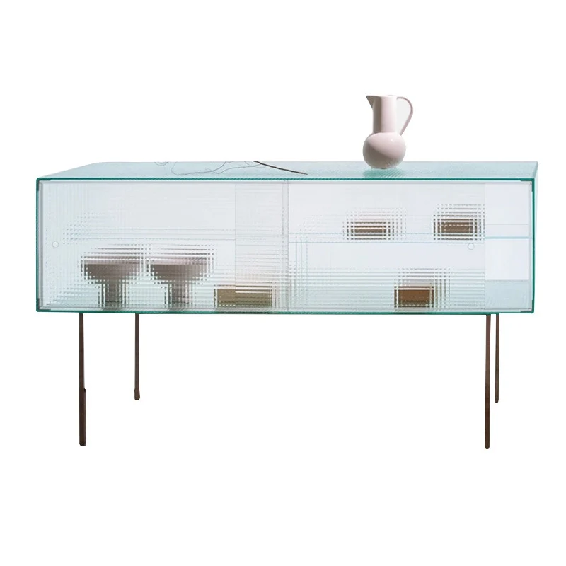 Modern Luxury Square Tempered Glass Stainless Steel Legs Storage Sideboard 1-Cabinet For Dining Room